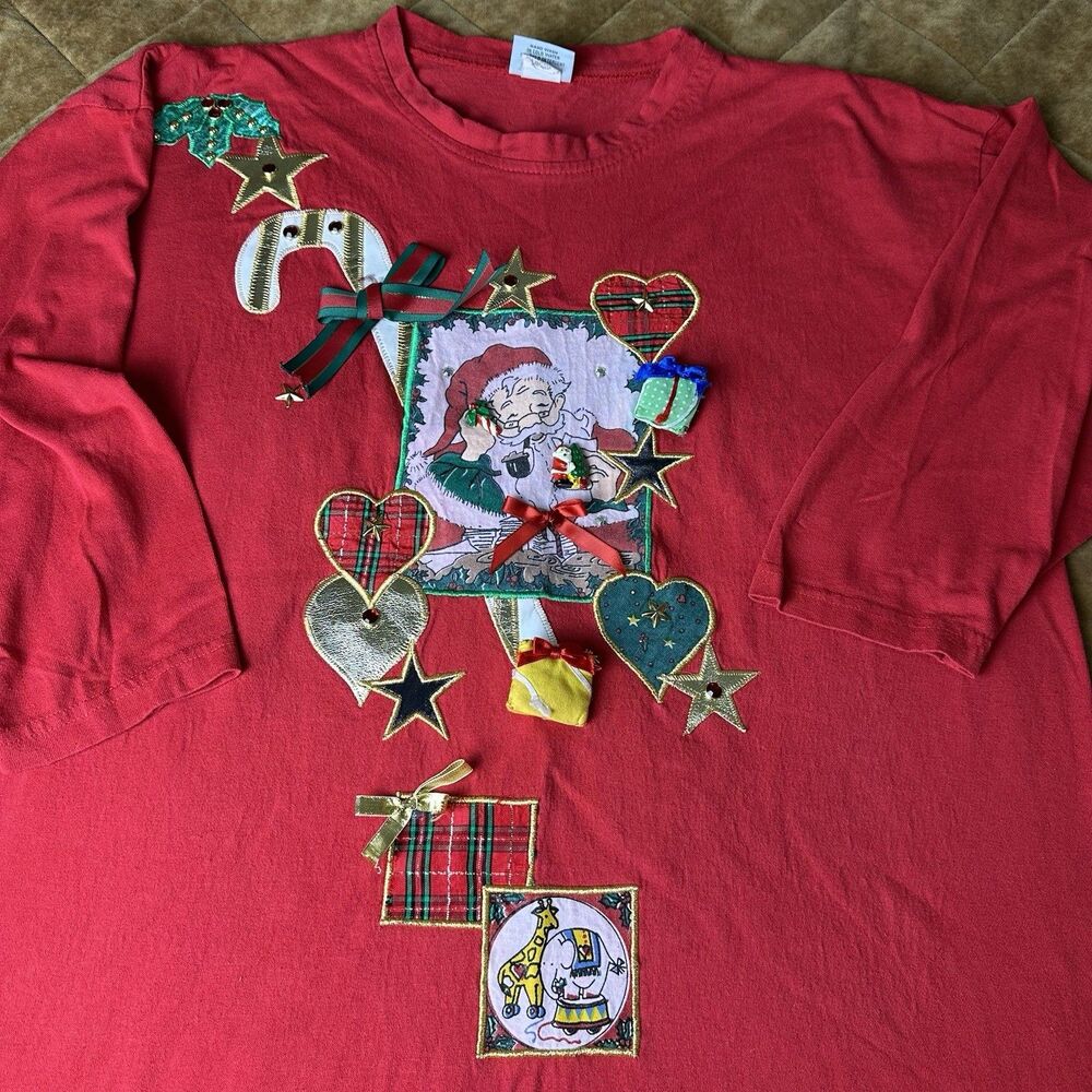 Vintage Ugly Christmas Shirt 3/4 Sleeve Embroidered Oversized 1 Size Fits All